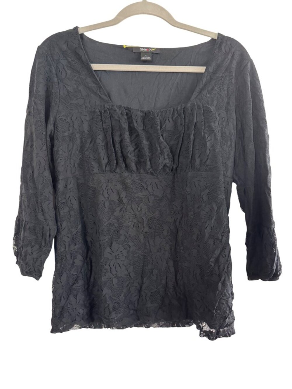Style & Co Black Lace 3/4 Sleeve Top Womens L Nylon Scoop Neck Semi-Sheer Lightw